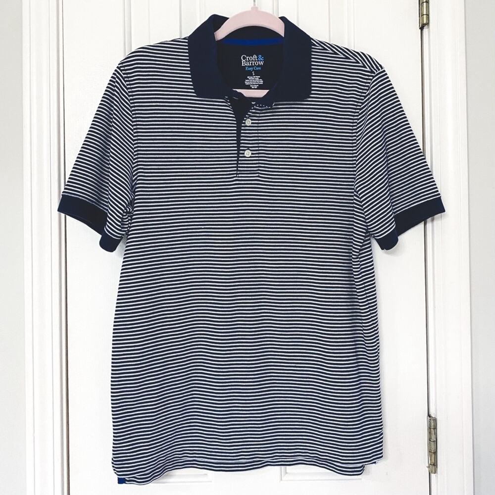 CROFT & BARROW • Navy Blue + White Striped Easy Care Polo Shirt